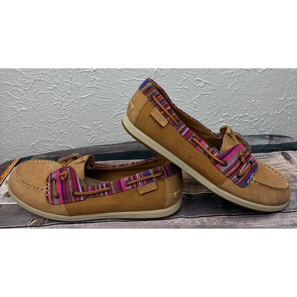 Sperry Top-Sider Koifish Boat Shoes Womens 12M Tan Pink Stripe Leather STS90216